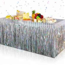 1件裝亮銀色直條紋亮片桌裙，金屬感雨簾流蘇桌旗裝飾，適用於生日派對、婚禮、週年紀念、甜點桌及節日裝飾 - 多色 - 查看 6