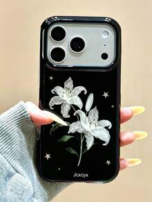 Stylish Minimalist Star Lily Flower Pattern Phone Case Compatible With IPhone 17 Pro Max 17 Pro 17 16 Pro Max 15 14 13 12 Pro Max Lens Protection Back Cover - Black - View 2