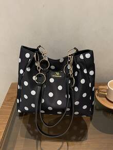 1 pieza Bolso de hombro de moda con patrón de lunares y contraste de color, de poliéster, gran capacidad y cierre de cremallera, adecuado para el uso diario de las mujeres - Blanco y Negro - Ver 6