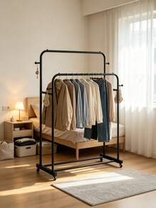 1pc Freestanding Mobile Clothes Rack. Double Hanging Rods Expand Garment Hanging Space. Equipped With A Bottom Storage Shelf And Universal Casters. Suitable For Both Drying And Storage In Bedrooms And Balconies. - A - View 2