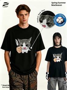 Summer Casual Soft Cotton Printed Round Neck Short Sleeve Tops, New Arrival, Vintage European Street Style Retro-Hop Y2K. - Black - View 2