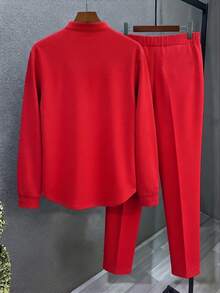 Men's Plus Size Polo Set, Autumn Long Sleeve Top And Long Pants Casual Solid Color Plus Size Men's Clothing - Red - View 3
