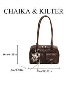 CHAIKA & KILTER 1件裝純色PU布料女款時尚多口袋大容量波士頓保齡球肩背包，全表面紋理拉鍊開合，適合日常與街頭使用（附吊飾） - 咖啡 - 查看 3