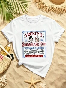 Women's Snowman Print T-Shirt. Quality Fabric, Crew Neck, Loose, Comfortable Fit, Graphic Design. - White - View 2