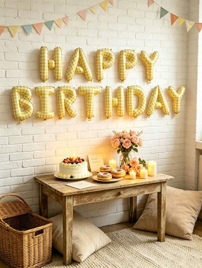 13pcs Birthday Theme "Happy Birthday" Yellow Plaid Aluminum Foil Balloons, Suitable For Birthday Party, Bachelorette Party, Scene Decoration, Photography Props, Home Activity Decoration, Engagement, Anniversary Party Supplies