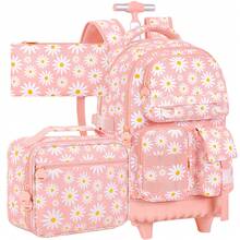 3pcs Girls Floral Print Woven Fabric Backpack Set With Handbag & Pen Pouch, Zipper Closure Sweet Rolling School Bag For Daily Learning - Pink - View 2