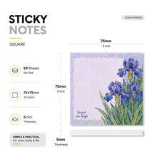 2 Packs 100 Sheets Van Gogh Iris Sticky Notes, Vintage Floral Oil Painting Style Self-Adhesive Blank Memo Pads, Desktop Reminder Notes, Office School Home Stationery Supplies - 75 X 75 mm - View 2