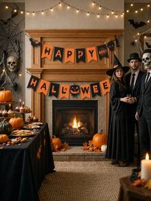 2pcs-Happy Halloween Bunting, Halloween Banner, Pumpkin Ghost Bat Paper Garland, Suitable For Indoor Halloween Party, Halloween Home Decor, Fireplace, Wall, Porch, Haunted House And Gothic Theme Decoration, Home Decor Living Room, Room Decoration, Halloween Holiday Home Decor, Halloween Festival Accessories Party Supplies, Holiday Background Decoration Banner, My Recent Halloween Order - Multiple Styles - View 3