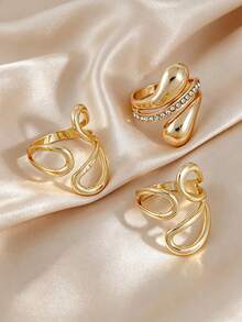 3pcs Fashionable Rhinestone Geometric Ring Set, Adjustable For Women Daily Wear, Dating, Party, Gathering, Layering - Yellow Gold - View 5