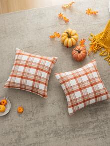 Homemorelove 1/2pcs Plaid Double-Sided Faux Mohair Pillow Case, Hidden Zipper, Suitable For Bedroom, Living Room, Sofa Home Decor, Pillow Insert Not Included, Thanksgiving, Halloween Atmosphere Decorative Pillow Case - Large Orange and White Plaid - View 4