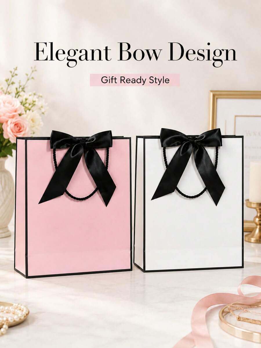 1 peça/2 peças/6 peças 2 Estilos Sacolas de Presente de Papel Rosa e Branco com Laço de Fita Preta e Alças de Corda, Sacolas de Compras Elegantes e Minimalistas para Aniversário, Casamento, Chá de Panela, Formatura, Feriado, Roupas, Cosméticos e Embalagem de Presentes, Sacolas Reutilizáveis - Bolsa tote com laço - Visão 1