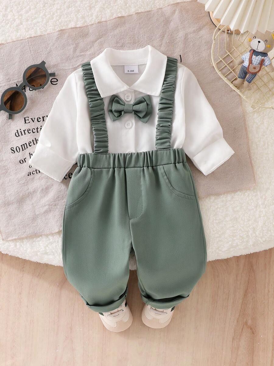 Baby Boy Fashionable Handsome 2-Piece Set Bow Decor Front Button Long Sleeve Shirt + Pleated Suspenders Straight Leg Pants - Green - View 1