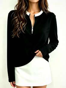Women's Contrast Color Half-Zip Long Sleeve Top, Simple Round Neck Slim Fit Flattering Black Base Layer, Commuter All-Match Versatile T-Shirt - Black - View 6