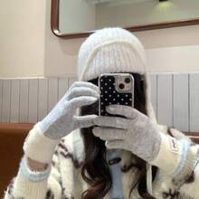 Korean Style Autumn/Winter Warm Knitted Gloves For Women, Touchscreen Compatible, Colorblock Knitted Yarn, Thickened, Five-Finger Gloves For Cycling And Students - Multicolor - View 7