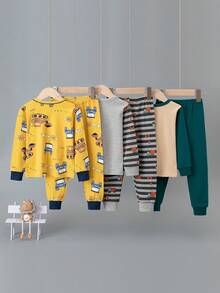 3 Sets Boys Cartoon Underwear Set Cute Print Medium Thick Long Sleeve Long Pants Loungewear Set Printed Autumn Top And Bottom - Multicolor - View 2