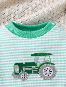 Baby Boy Spring/Autumn Fashion Striped Patchwork Contrast Color Crew Neck Long Sleeve Cute Car Embroidery Romper - Mint Green - View 4