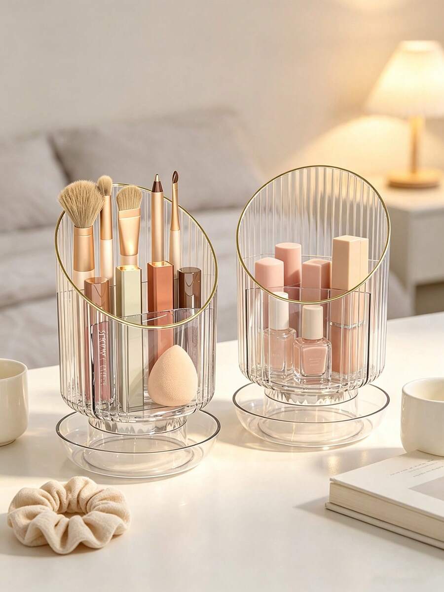 1pc/7pcs Rotating Transparent Striped Makeup Brush Holder, Gold Rim Divided Makeup Organizer, Multi-Compartment Vanity Storage Bin, Suitable For Lipstick, Eyeliner And Makeup Sponges, Fashionable Desktop Organizer For Daily Makeup Accessories