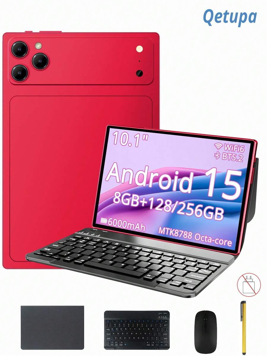 Qetupa 10.1-Inch Android 15 Tablet With Case, Keyboard, Mouse, And Stylus, 8GB RAM + 128GB/256GB ROM (Expandable To 1TB), 1280x800 Touchscreen, 5MP Front Camera And 13MP Rear Camera, 6000mAh Battery, No SIM Card Support (Adapter Not Included) - Burgundy - View 1