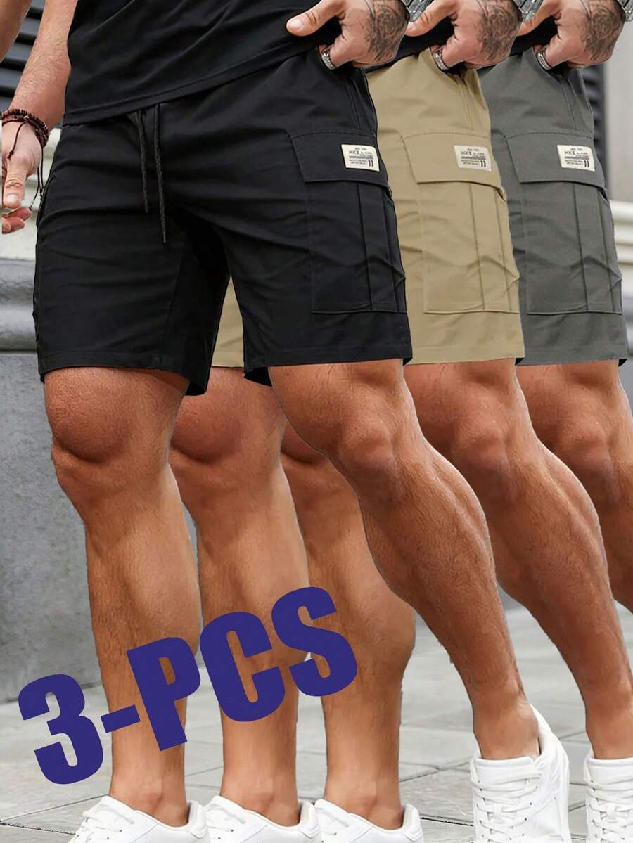 3件組男士夏季戶外工作服聚酯纖維短褲，多口袋街頭風休閒五分褲 - 彩色 - 查看 1
