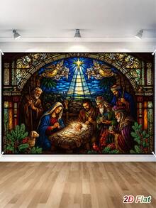 1pc Christmas Glowing Backdrop Cloth With Birth Of Jesus Design, Merry Christmas Hanging Background Cloth, Photo Booth Backdrop, Holiday Party Backdrop Banner, Christmas Decoration, Xmas Decor, Winter Home Decor - Multicolor - View 3