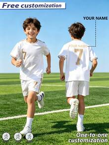 2pcs/Set All-Over Print Hollow Football Set, Personalized Name/Club Customization, Popular Jersey, 2pcs/Set Boys/Girls Football Set, Name Customization, Idol Customization, Short Sleeve Shorts Set, Suitable For/Girls Sports, Cycling, Outdoor Running, Football, Star Style Jersey Set, Moisture-Wicking - White - View 5
