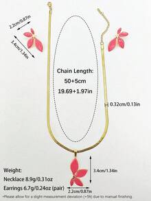 Gold Tone Flat Snake Chain Jewelry Set, Hot Pink Petal Pendant Necklace And Stud Earrings, Stainless Steel Floral Accessory Set For Women - Multicolor - View 4