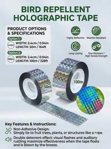 Double-Sided Laser Bird Repellent Tape, Holographic Reflective Bird Deterrent Ribbon, Weather-Resistant Outdoor Bird Protection Supplies For Garden, Balcony, Farm, Yard, Fruit Trees, Green Plants And Crops - Multicolor - View 3