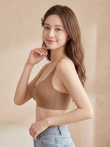 Minimalist Solid Color Women's Thin Non-Wired Push-Up Comfortable Bra, Full Coverage Seamless Bra, Anti-Sagging, Side-Boob Support, Suitable For Small Breasts [Flat Chest Special] - Brown - View 3