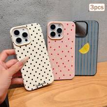 3件裝波點愛心條紋元素 TPU 防震全包覆精準保護殼，適用於 Apple 11/12/13/14/15/16/17 Pro Max - 彩色 - 查看 3