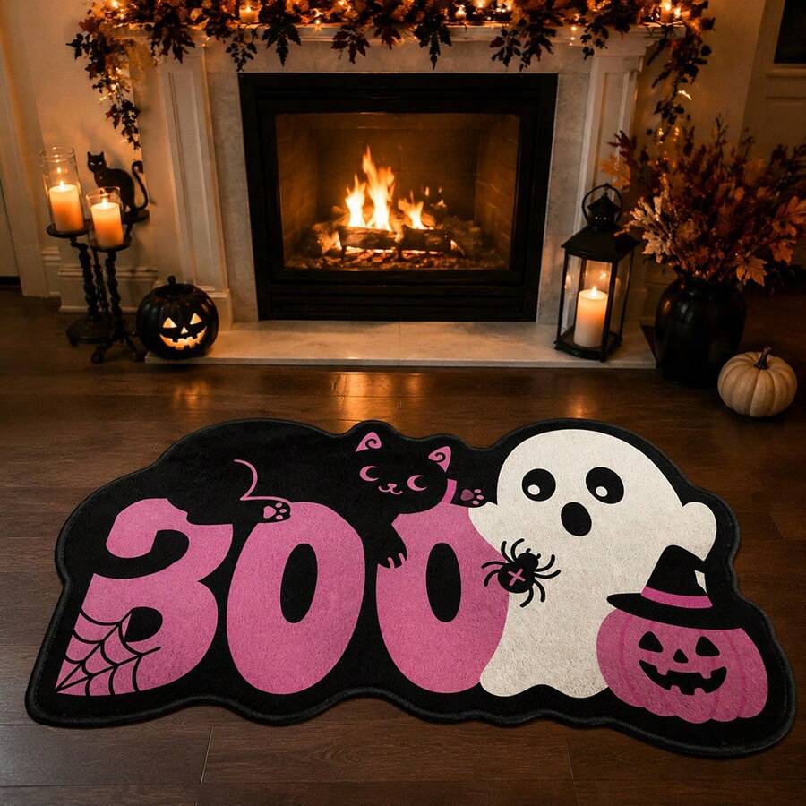 1件 BOO 字母黑貓南瓜造型地毯，柔軟天鵝絨，蜘蛛網女巫帽南瓜燈圖案，粉色可愛萬聖節地墊，適用於玄關、臥室、浴室、節日居家使用，營造節慶氛圍裝飾地毯，萬聖節地毯，裝飾地毯，臥室裝飾，小地毯，浴室地毯，家居裝飾，臥室地毯，可機洗地毯 - 彩色 - 查看 1