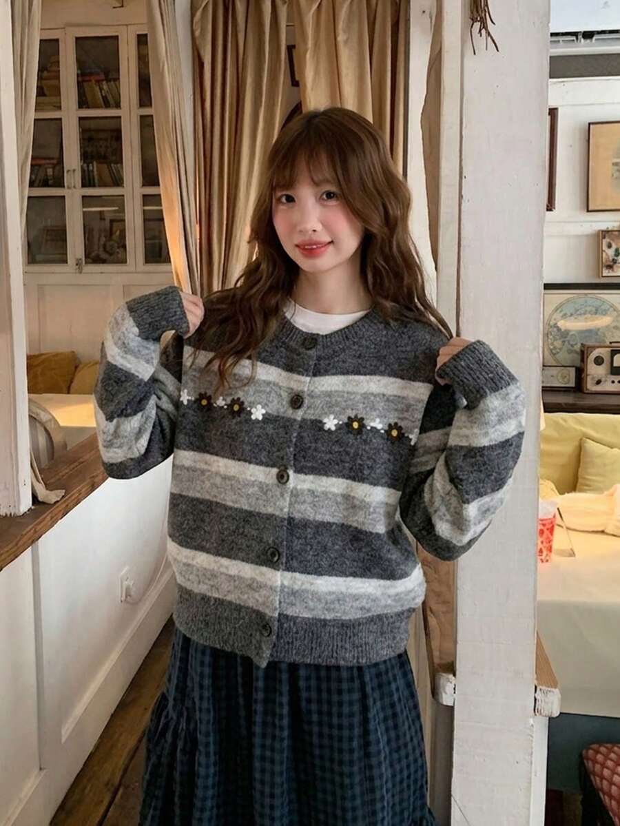 Korean Style Soft Casual Striped Knit Cardigan Sweater Jacket, Women's Autumn/Winter New Soft Versatile Sweet Cardigan - Dark Grey - View 1