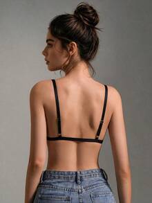 1pc Women's Sexy Lace Patchwork Printed Fabric Wireless Non-Padded Comfortable Front Closure Triangle Cup Bra - Black - View 3