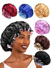 CONFLASS 2/1 Stück elegante atmungsaktive Satin-Schlafmütze, elastische Duschhaube, doppellagiger Rüschenrand, Damen-Seidensatin-Schlafmütze, Damen-Accessoire für die Schulanfang-Saison - Schwarz - Übersicht 9