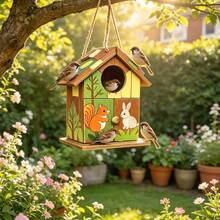 Hand Painted Squirrel & Rabbit Wooden Bird House, Cute Cartoon Forest Animal Hanging Bird Nest Box, Weatherproof Decorative Birdhouse For Backyard Garden Patio Tree Ornament - A - View 3