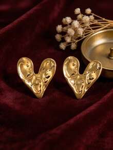 1 Pair Vintage Gold Hammered Heart Earrings, Stainless Steel Material, Fade-Resistant, Hypoallergenic, Fashion Elegant Women's Jewelry, Suitable For Daily Wear, Party Occasions, Can Be Used As A Gift - Yellow Gold - View 4