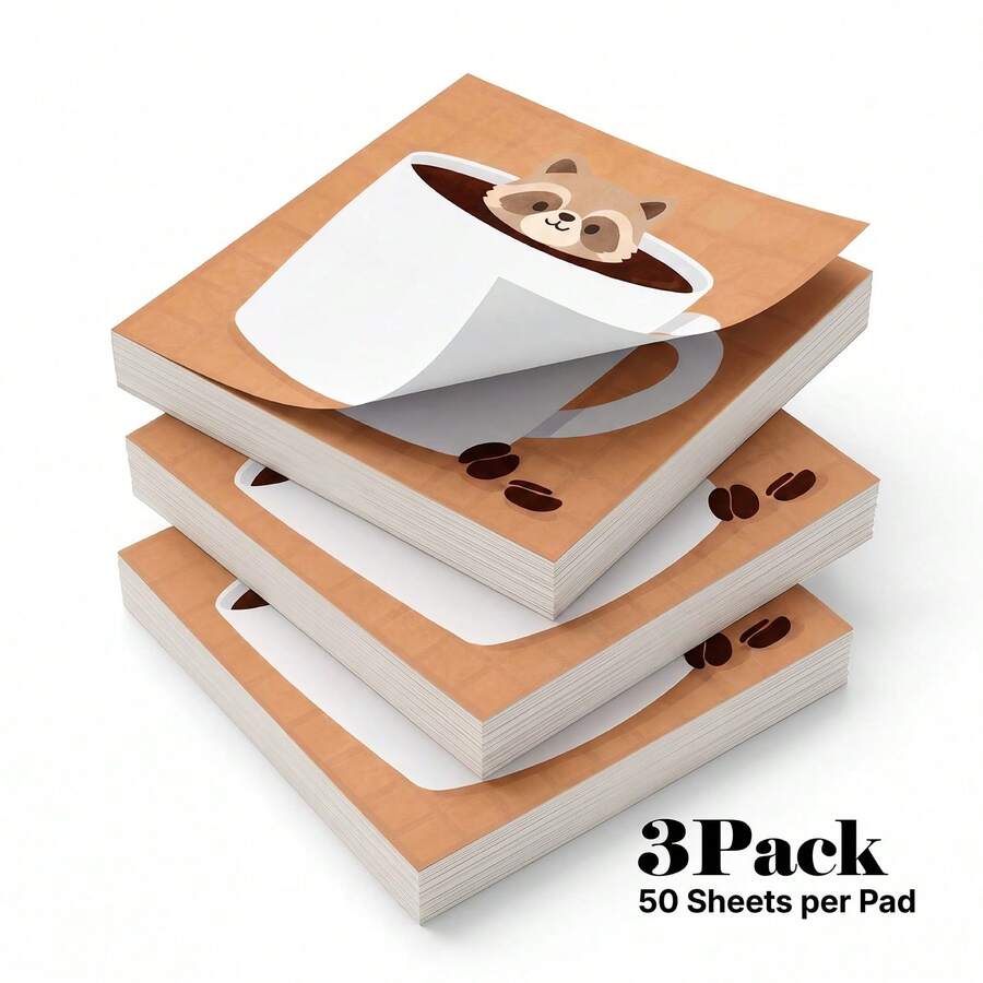 3 Packs 150 Sheets Coffee Cup Raccoon Sticky Notes, Cute Japanese Style Self-Adhesive Reminder To-Do List Pads For Students, Office And Home - 75 X 75 mm - View 1