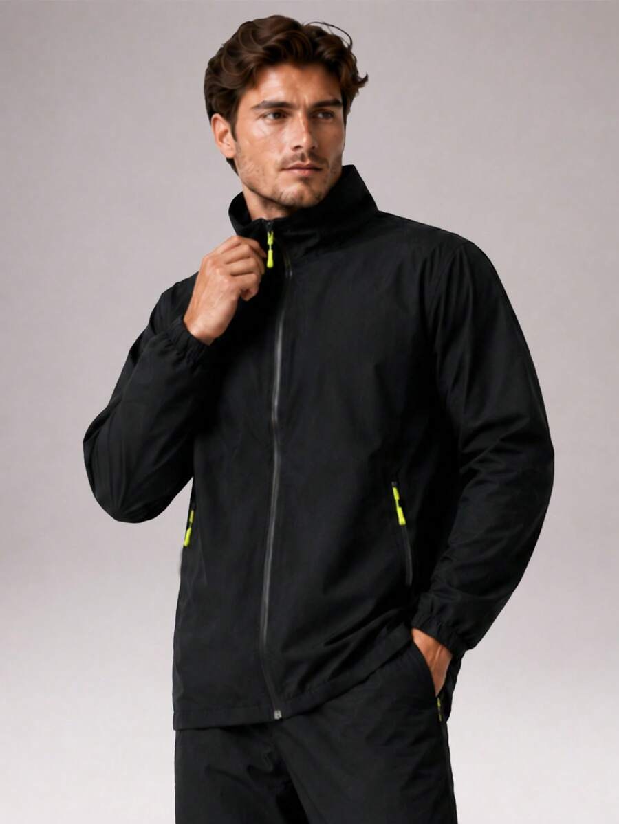 CZRLHYT Men's Comfortable Stand Collar Jacket, Zip Closure, Long Sleeve, Business Style, Suitable For Outdoor Activities And Casual Wear - Black - View 1