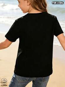 Girls Summer Streetwear Short Sleeve T-Shirt With Pink Letter Print & Heart Design, Breathable Round Neck Casual Top For Kids - Black - View 4