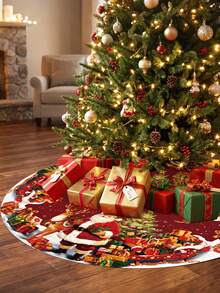 1pc Red Christmas Tree Skirt With Santa Claus & Reindeer & Christmas Tree & Gift Boxes Pattern, Drawstring Closure, Circular Fit For Christmas Tree Decoration, Holiday Party Decoration, Merry Christmas Decoration, Xmas Decoration, Winter Home Decor - Type a - View 5
