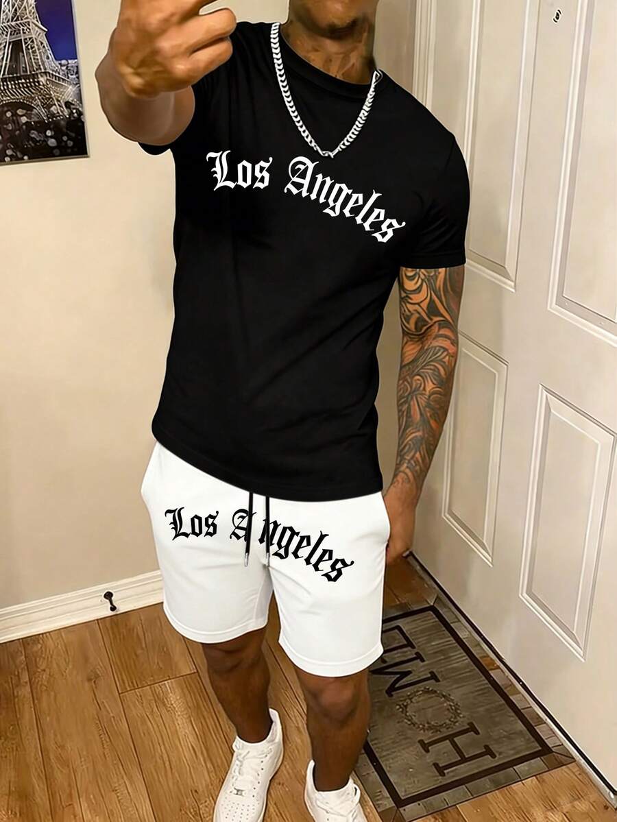 Men's Summer Fashion Los Angeles Short Sleeve T-Shirt And Shorts 2 Pieces Casual Daily Set - Black and White - View 1