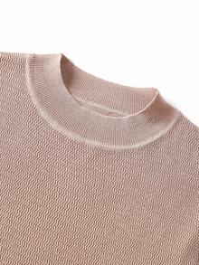 Men's Solid Color Wavy Texture Mock Neck Knit Short Sleeve Slim Fit Crew Neck T-Shirt, Summer Commute Casual Top - Camel - View 3