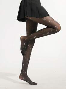 Black Floral Jacquard Tights, Fashionable Women's Full Foot Stockings - Multicolor - View 3