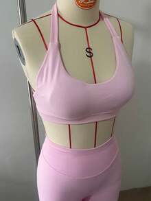 2pcs/Set Women's Sports Fitness Outfit Set, Halter Top And Sports Shorts, Suitable For Running And Training - Pink - View 6