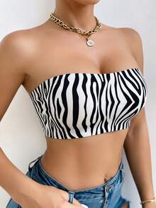 1pc Zebra Stripe Non-Slip Strapless Bandeau Bra With Side Support Anti-Slip Underwear For Women - Black - View 3
