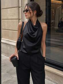 Halter Tops For Women Summer Tank Top Sleeveless Crop Tops Backless Vest Black Yellow Satin Cami Sexy Tops Going Out Tops Ladies Camisole - Black - View 1