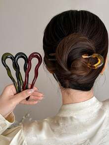 6/3/1pc U-Shaped Wavy French Hair Fork, Tortoise Shell Acetate Fiber Geometric Hair Clip, Women's Updo Hair Accessory, Perfect Halloween Gift For Women - Multicolor - View 3