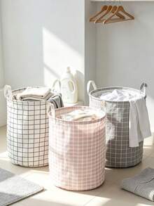 10/1pc Minimalist Grid Round Storage Basket, Foldable Large Laundry Hamper With Handles, Multifunctional Clothes Sundries Hold‑All Bin, Collapsible Dirty Clothes Basket For Bedroom Bathroom Laundry Room - Multicolor - View 6