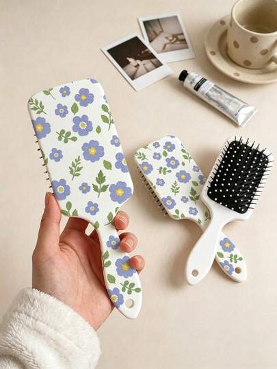 1pc Air Cushion Massage Comb, Watercolor Style Purple Flower & Green Leaf Pattern, Women's Home Hair Styling Comb, Head Massage Brush, Anti-Static Smooth Hair Care Styling Comb, Suitable For Home Use, Gift For Family And Friends