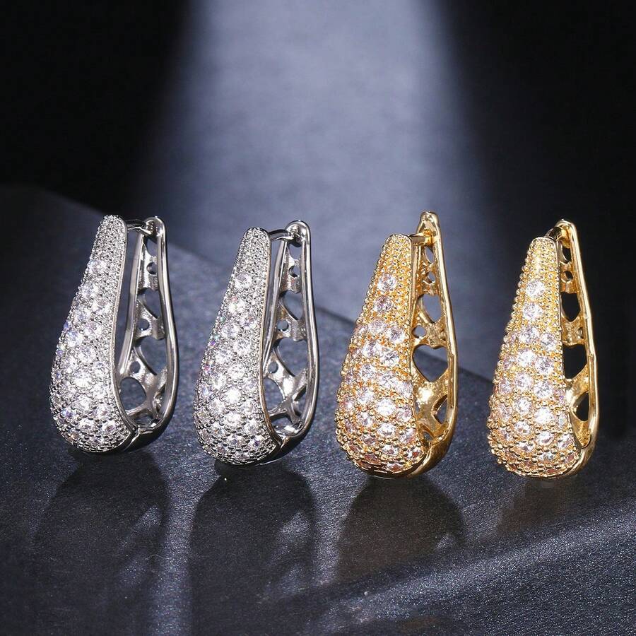1 Pair Fashionable Elegant Cubic Zirconia Earrings Suitable For Women's Daily, Party And Holiday Wear - White Gold - View 1