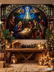 1pc Christmas Glowing Backdrop Cloth With Birth Of Jesus Design, Merry Christmas Hanging Background Cloth, Photo Booth Backdrop, Holiday Party Backdrop Banner, Christmas Decoration, Xmas Decor, Winter Home Decor - Multicolor - View 8